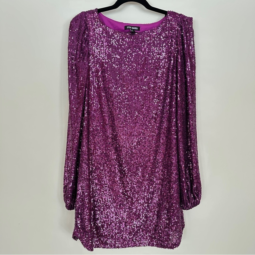 Steve Madden Fuchsia Sequin Mini Dress Long Sleeve Party Dress Fully Lined